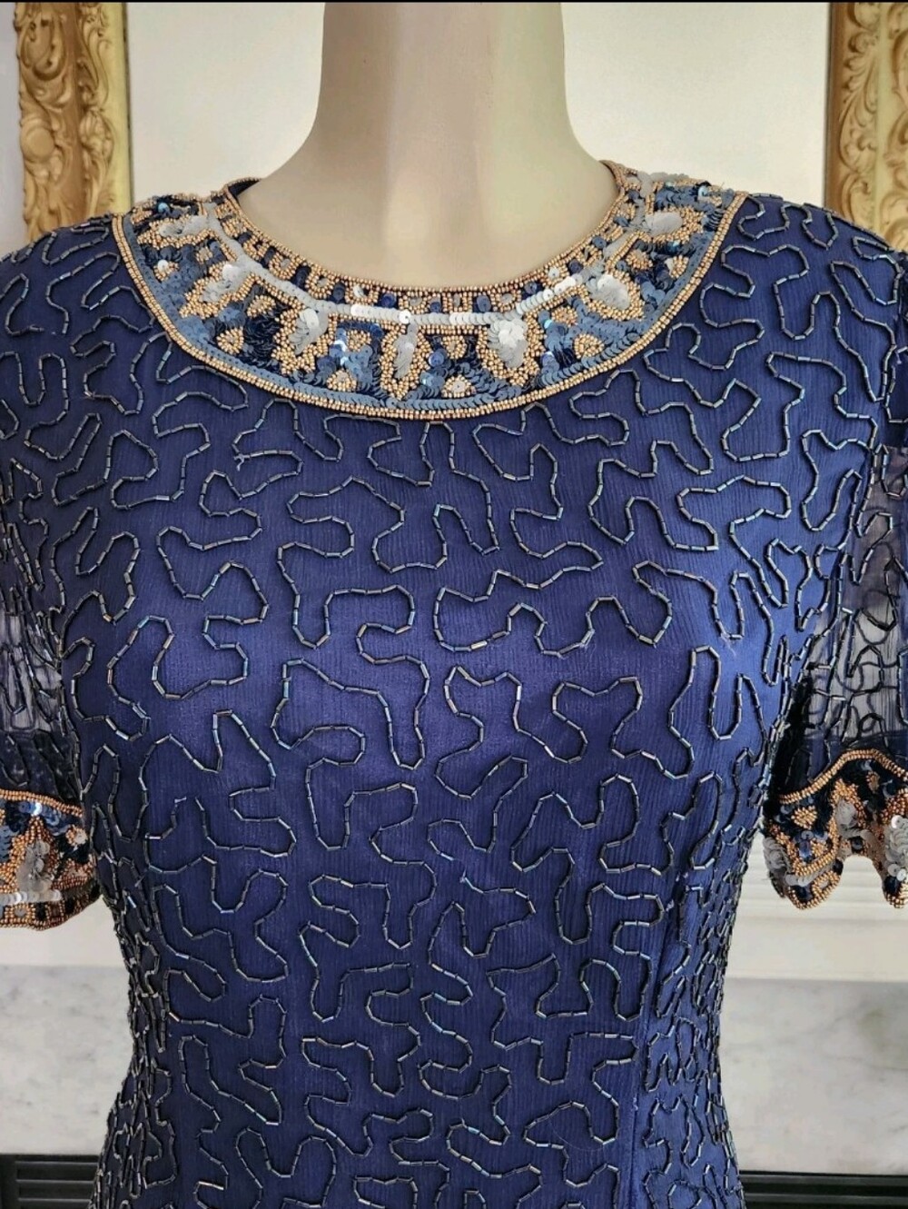 Vintage 80S Laurence Kazar Blue Beaded Silk Dress Sz M Sequin Sheer Art Deco - Picture 6 of 9